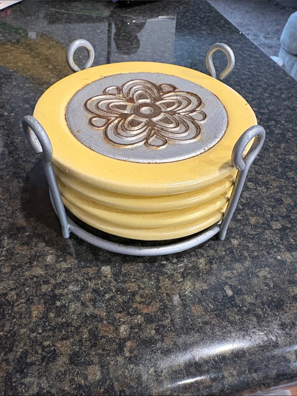 Vintage 1970’s Yellow Ceramic Coaster Set with Silver Holder